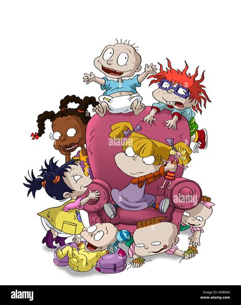 Ilustración de los protagonistas: Tommy Pickles, Chuckie Finster, los gemelos Phil y Lil DeVille y la astuta Angélica Pickles en una escena clásica de la serie.