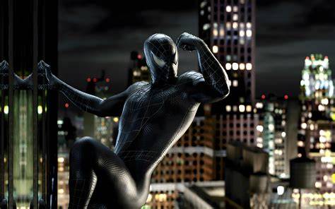 Ilustración detallada de un niño usando el traje de Spiderman negro con efectos de textura y musculatura.