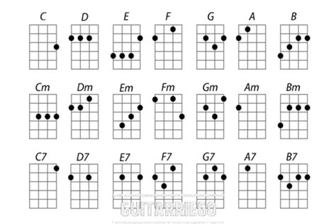 infografía con los acordes básicos de ukelele para principiantes (C, G, Am, F)