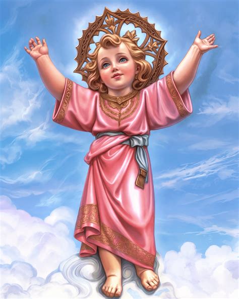 Esquema de la iconografía del Divino Niño: túnica rosada, cinturón verde azulado y brazos extendidos