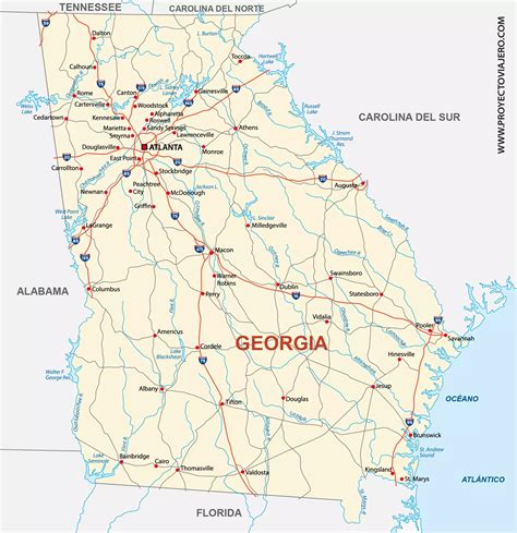 Mapa de Georgia, Estados Unidos, destacando ciudades como Atlanta, Augusta y Decatur.
