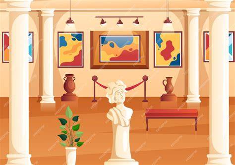 Ilustración de una galería de arte con misterios, temática de The Gallery of Lost Art