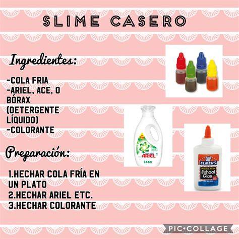 Infografía paso a paso para la elaboración de slime casero, mostrando los ingredientes y las acciones clave.