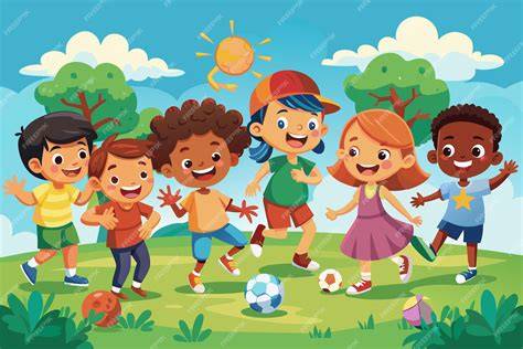 Ilustración de varios niños de diferentes edades jugando juntos alegremente