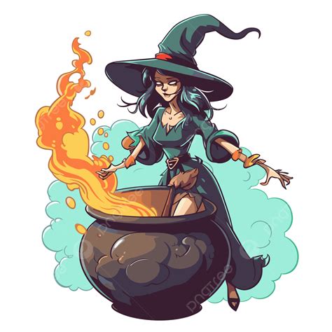 Ilustración artística de una bruja clásica de cuento con su caldero y elementos mágicos