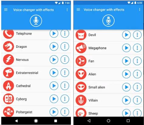 Interfaz de un cambiador de voz con opciones para aplicar diferentes efectos de sonido.