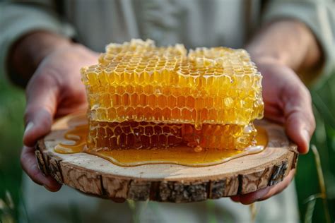 Foto de un trozo de panal de miel fresco con celdas llenas