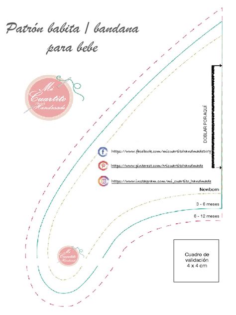 Diagrama del patrón para un babero porta chupetes, mostrando las diferentes piezas y sus medidas para una talla de 3 a 6 meses.