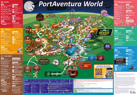 Mapa interactivo o infografía con la distribución de las áreas temáticas de PortAventura adaptadas para niños.