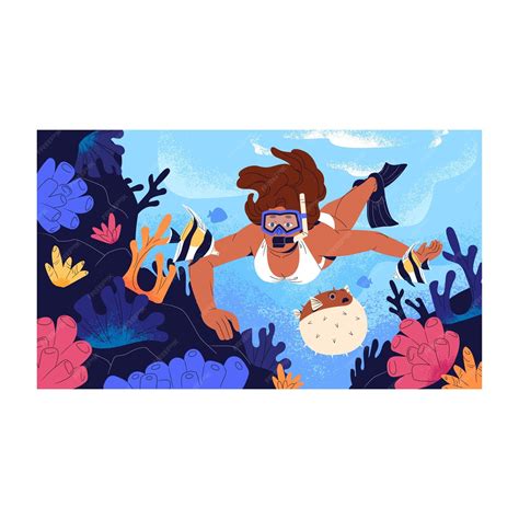 Ilustración de una persona buceando entre arrecifes de coral
