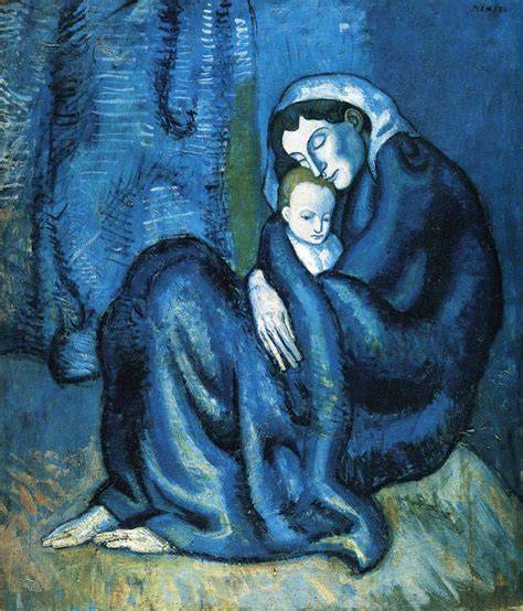Esquema de las influencias estéticas y cromáticas de Picasso en su etapa azul: el uso del azul noche y grisáceo como reflejo de la tristeza y el aislamiento.