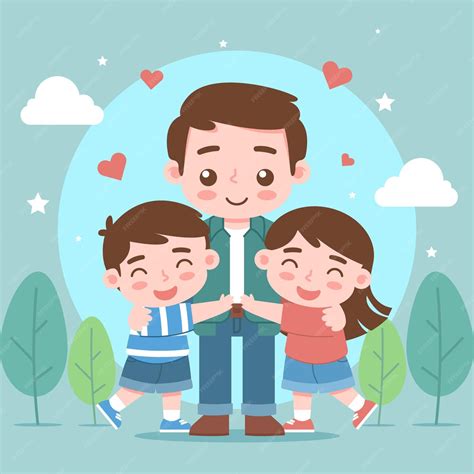 Ilustración de un padre con sus dos hijos, una niña adolescente y un niño pequeño, mostrando afecto