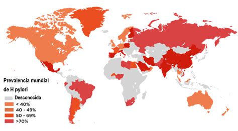 Mapa de prevalencia global de la infección por Helicobacter pylori en la población infantil.