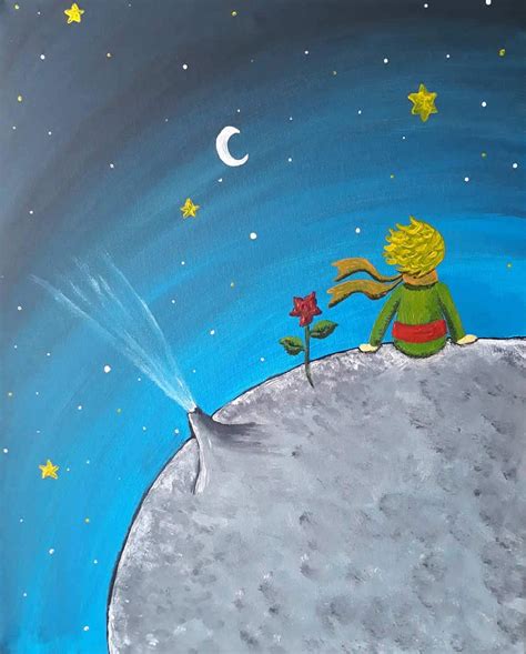 Un dibujo del Principito en su planeta, el asteroide B-612, regando su rosa.