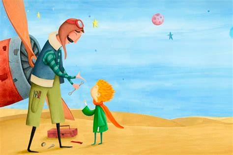 Ilustración de Antoine de Saint-Exupéry del aviador y el Principito en el desierto.