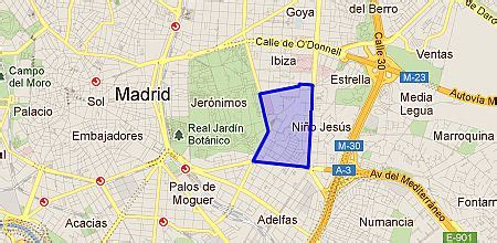 Mapa del barrio Niño Jesús en Madrid, destacando su ubicación en el distrito de Retiro y la proximidad al Parque del Retiro
