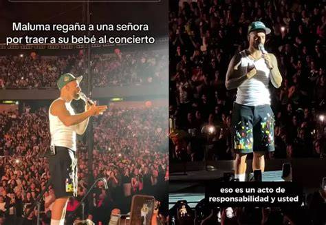 Maluma en concierto, con un bebé en el público, enfatizando la necesidad de protección auditiva.