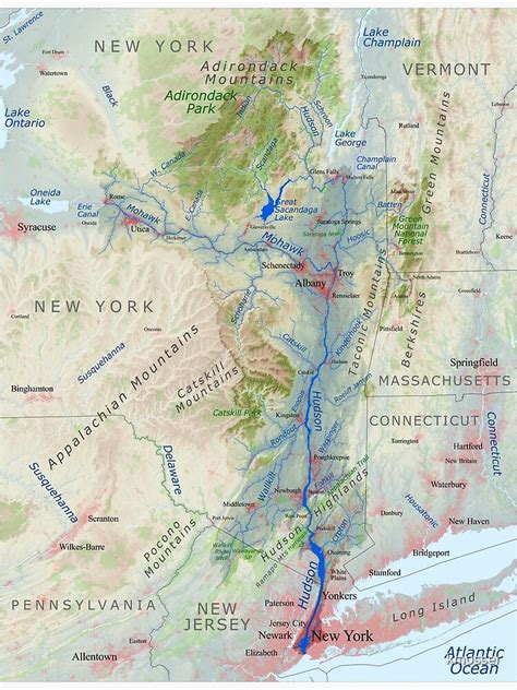 Mapa de la cuenca del río Hudson mostrando su recorrido