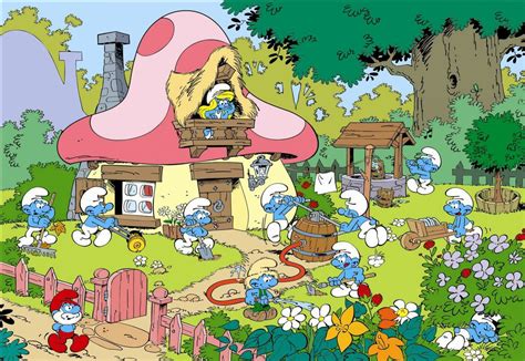 Ilustración de la aldea de Los Pitufos con sus casas en forma de setas