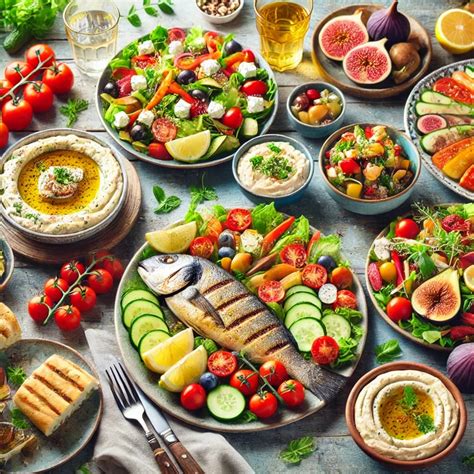 Platos variados y frescos en un buffet de comida mediterránea