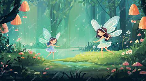 Hada clásica volando sobre un bosque, ilustración fantástica