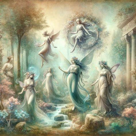 Ilustración de ninfas griegas junto a un arroyo o árbol, con estética mitológica