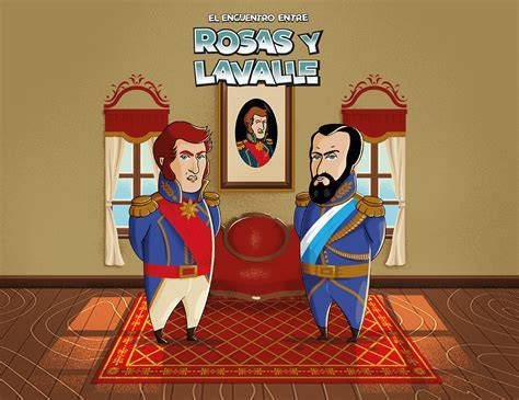 Ilustración histórica de Juan Manuel de Rosas y Juan Lavalle en la Estancia del Pino