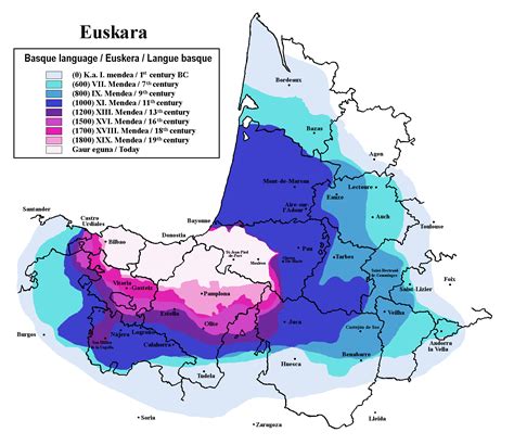 Mapa de la distribución geográfica del euskera a ambos lados de los Pirineos (España y Francia)