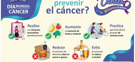 Infografía con consejos para la prevención del cáncer: alimentación saludable, ejercicio, evitar tabaco y alcohol, protección solar