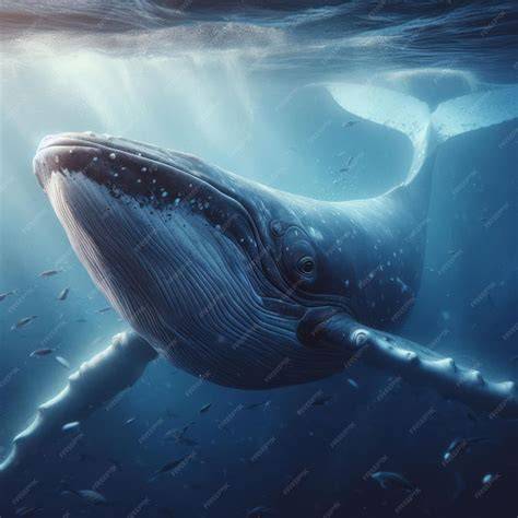 Fotografía submarina de una madre ballena azul nadando junto a su cría en aguas profundas