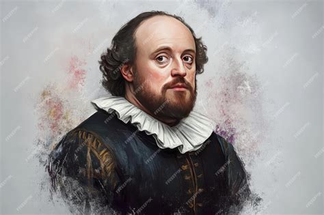 Retrato clásico de William Shakespeare con pluma y pergamino, con elementos musicales difuminados en el fondo.