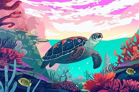 Tortuga marina alimentándose de algas en el fondo marino