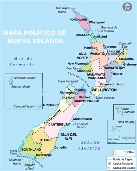 Mapa de Nueva Zelanda y las Islas Chatham con referencias históricas