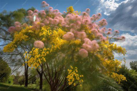 Fotografía de un árbol de mimosa en plena floración con pompones amarillos