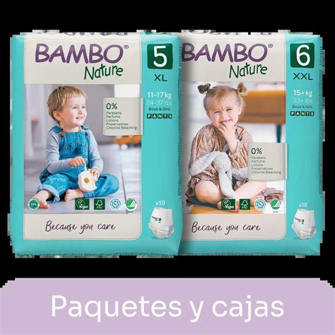 Ilustración que muestra la variedad de productos de la línea Bambo Nature, incluyendo pañales, pants, toallitas y otros artículos de cuidado del bebé.