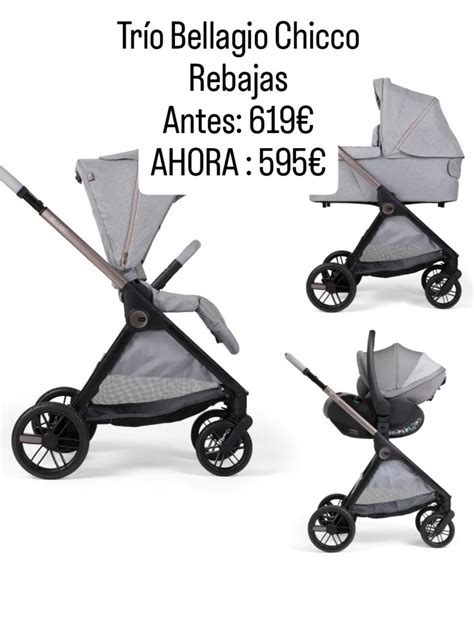 Infografía mostrando las tres piezas de un sistema Trío (silla de paseo, capazo, silla de coche) y sus usos.