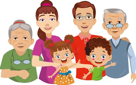 Ilustración de una familia (padres, hijos y abuela paterna) compartiendo un momento agradable