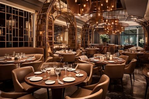 Interior de restaurante elegante con mesas bien puestas, clientes sonriendo y disfrutando
