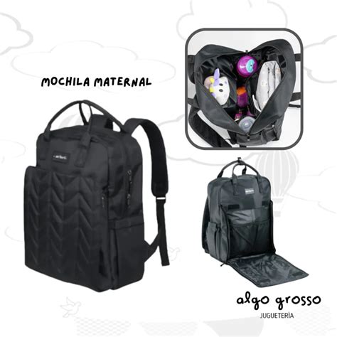Diseño general de mochila maternal negra, mostrando sus múltiples bolsillos y compartimentos