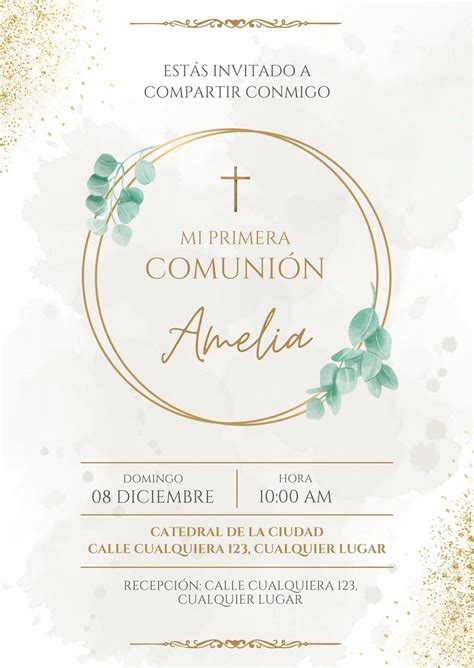 Diseño de invitación de comunión con motivos florales y acuarela para niña