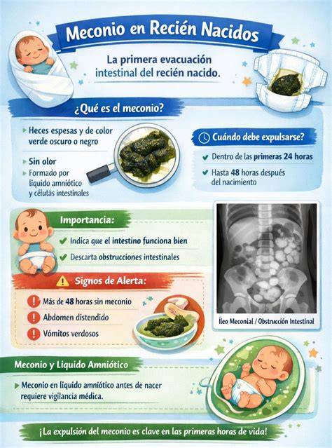 Esquema médico que muestra cómo el meconio obstruye las vías respiratorias del recién nacido