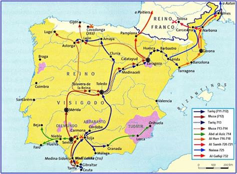 Mapa estratégico de la Península Ibérica con rutas de conquista y ciudades clave