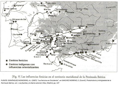 Mapa de yacimientos arqueológicos fenicios y tartésicos en la Península Ibérica