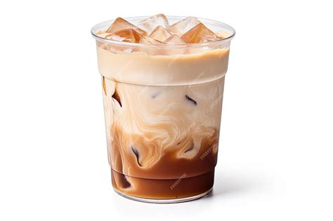 Foto de un vaso de café con leche frío con hielo y espuma