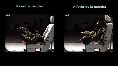 Infografía: Comparativa impacto frontal silla a contramarcha vs a favor de marcha, mostrando la distribución de fuerzas