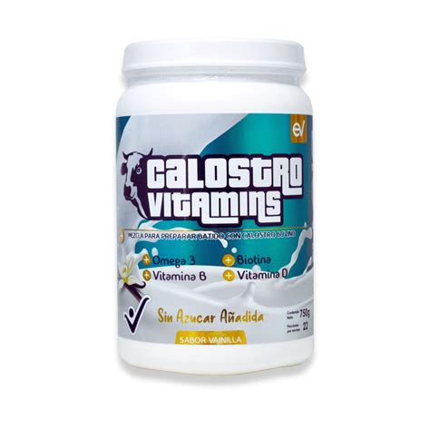 Fotografía de un envase de suplemento de calostro bovino en polvo con su etiqueta de información nutricional visible