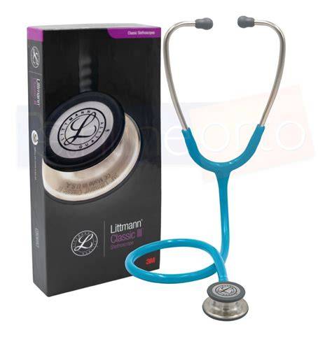 Estetoscopio Littmann Classic III turquesa, vista general con detalles de la campana y los binaurales