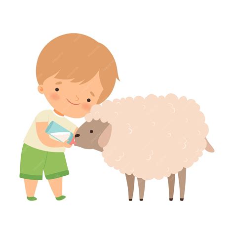 Niño alimentando a un cordero con un biberón en una granja