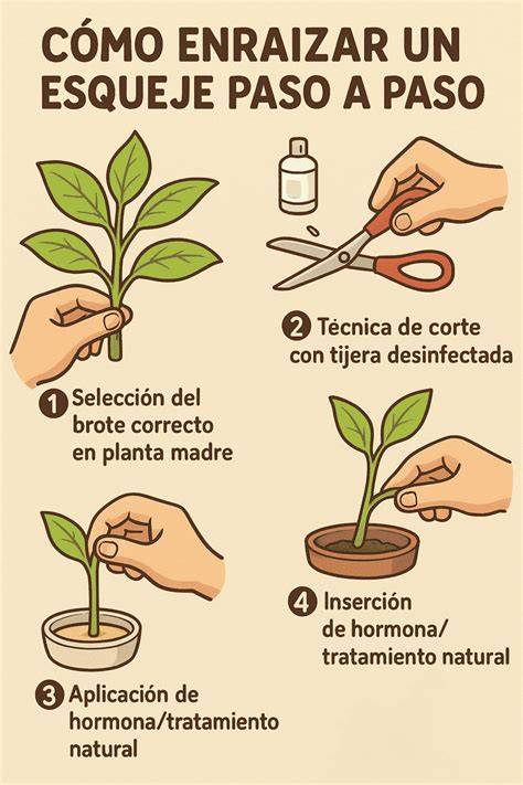 Esquema detallado del proceso de corte de un esqueje en un ángulo de 45 grados y preparación del sustrato.