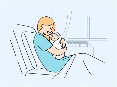 Ilustración de una matrona atendiendo a una madre y su recién nacido.